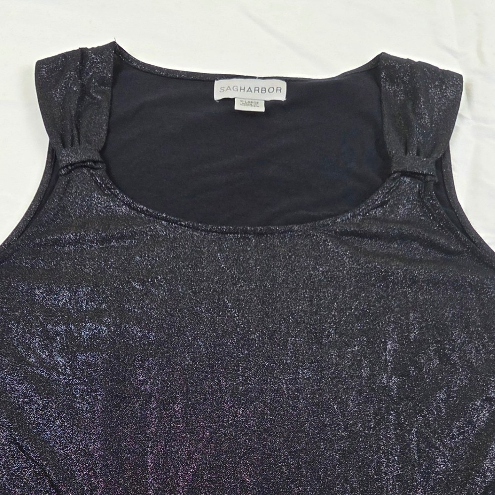 Sag Harbor Tank Top Black Metallic Shimmer Shoulder Knot Scoop Neck Holiday XL